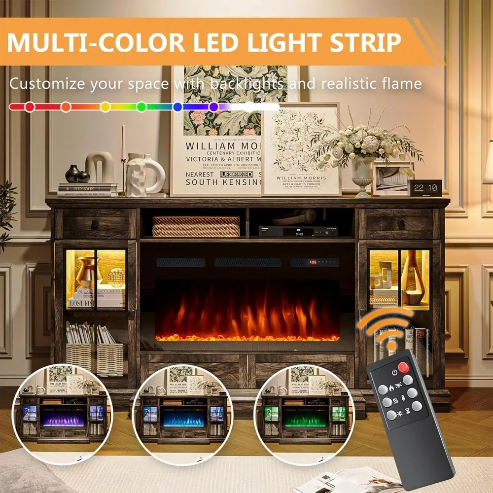 Fireplace TV Stand for 80 Inch TV, Entertainment Center with 36" Electric Fireplace, Media Console Cabinet for Living Room 2