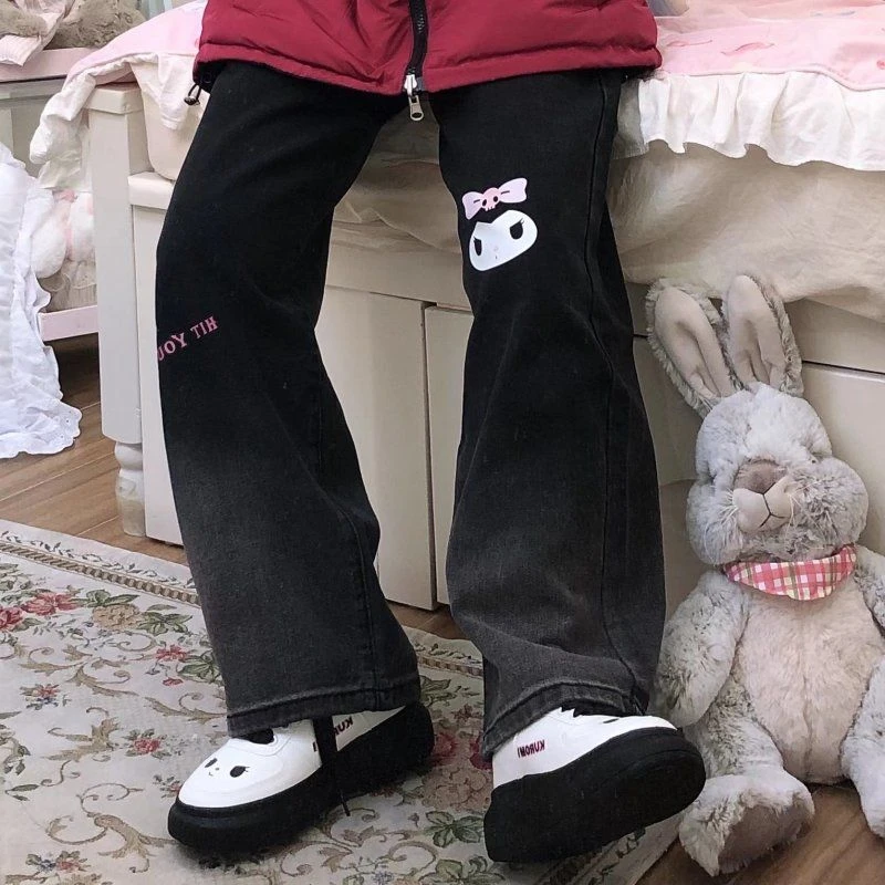 Anime Kuromi pantalones vaqueros de cintura alta para hombre y Jeans de estilo universitario, finos, rectos, negros, Chic, pierna ancha, para regalo| | - AliExpress