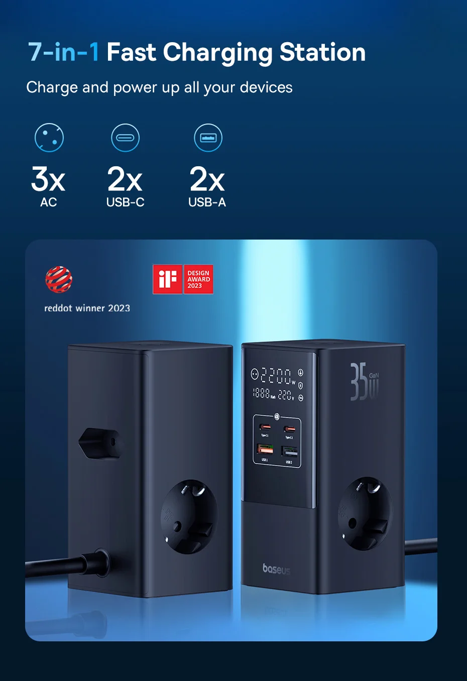 شاحن سريع Baseus 35 واط شريط طاقة 7 في 1 مع واقي تدفق 1200J لهاتف iPhone شاو شاو