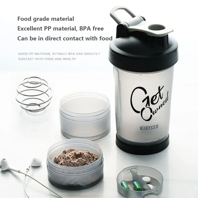 500ml Plastic Water Bottle Three Layer Protein Powder Shaker Large Capacity Stirring Cup Portable Exercise Shaker Spring Cups