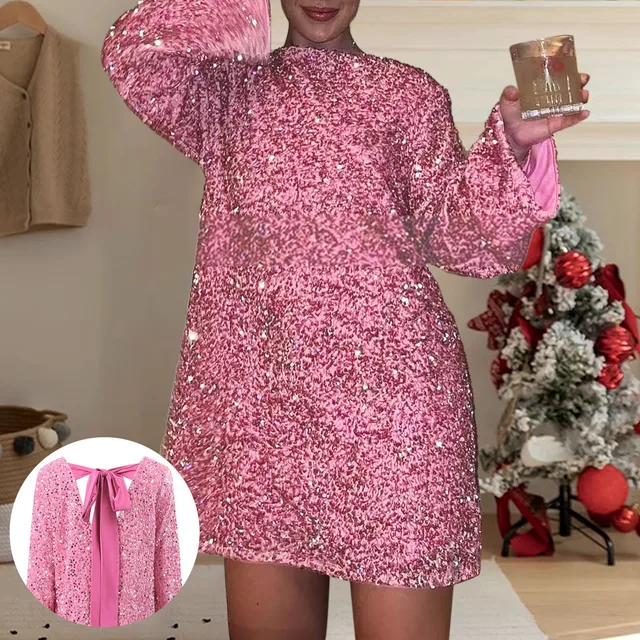 Autumn Winter New Round Neck Long Sleeved Mini Dress Loose Fit Oversized - Image 5