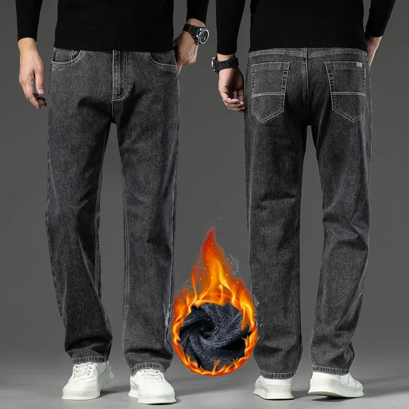 Winter Men Warm Flannel Stretch Straight Jeans Casual Fleece Baggy Pants Classic Plus Size Denim Trousers Male Brand Clothing 2
