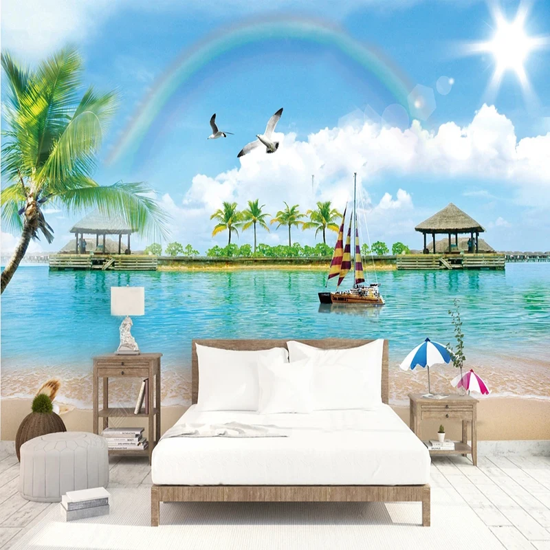 Custom 3D Photo Wallpaper 3D Mediterranean Beach Rainbow Scenery Mural For Living Room Bedroom Background Wall Papel De Parede