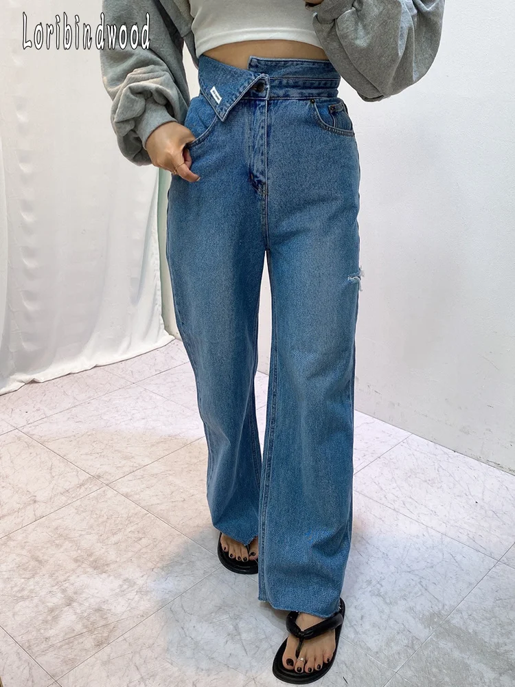 

Jeans Women's 2023 New Products Irregular High Waist Simple Solid Color Loose Straight Tube Hole Raw Edge Casual Pants