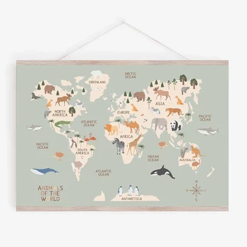 Mappa del mondo Pittura su tela Pastello Tema animale Arte educativa della parete Poster e stampe nordici Immagini per la decorazione della camera dei bambini