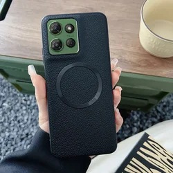 Magnetic Plain Lychee Leather Case with Camera Protection for Motorola Moto G (2025) (Black)