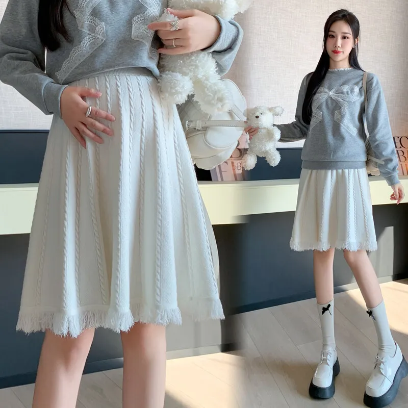 Y71810# Pregnancy Skirt Skirts Women High Waist Tassel Slim Clothes Knitted Maternity Skirt