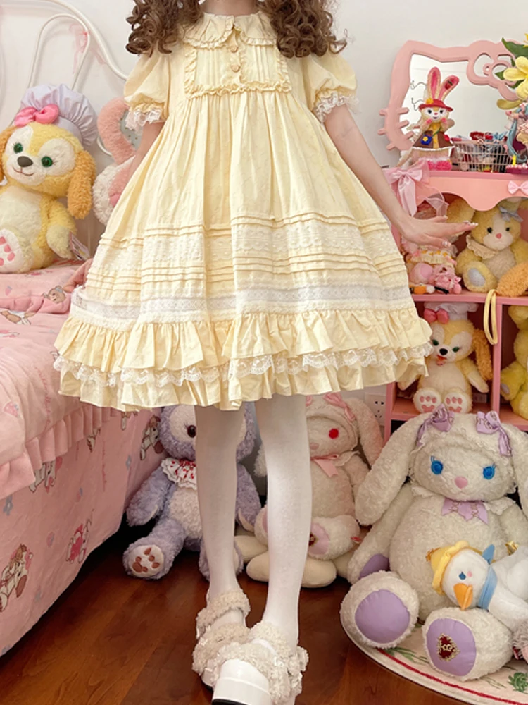 

KIMOKOKM Vintage Prairie Chic Lolita Ruffled Lace Kawaii Peter Pan Collar Puff Sleeve Bow A-Line Princess Girly Japanese Dress