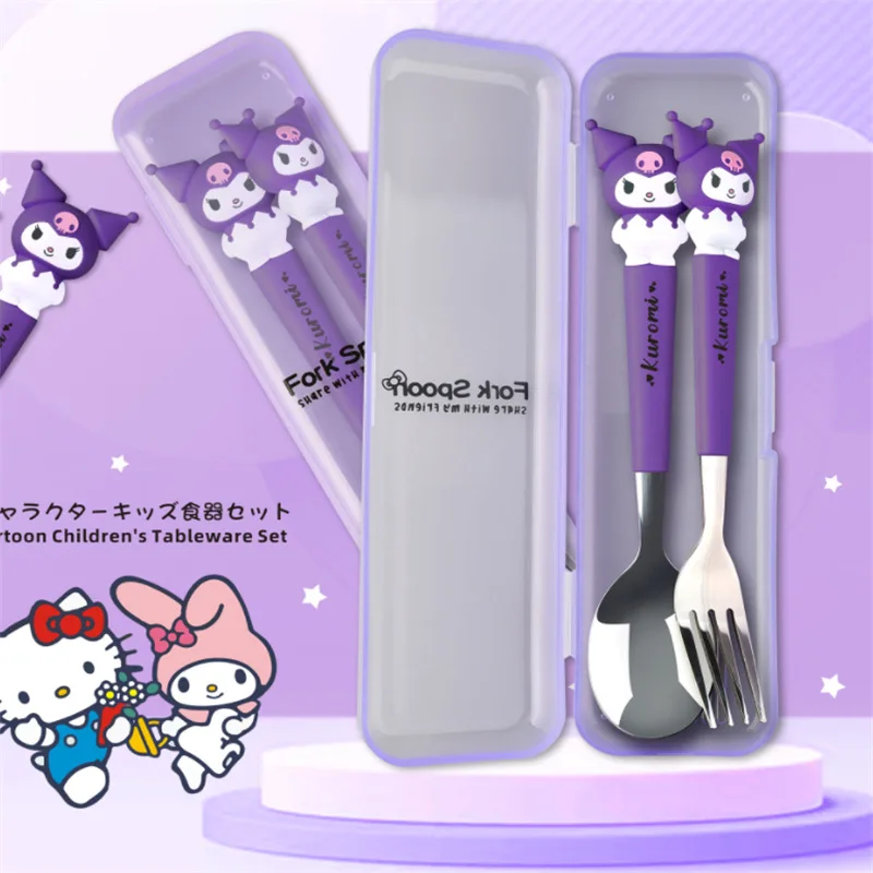 Sanrio-vajilla de Hello Kitty Melody Kuromi con mango de silicona, juego de dos piezas, Cinnamoroll, tenedor, cuchara, regalos para niños