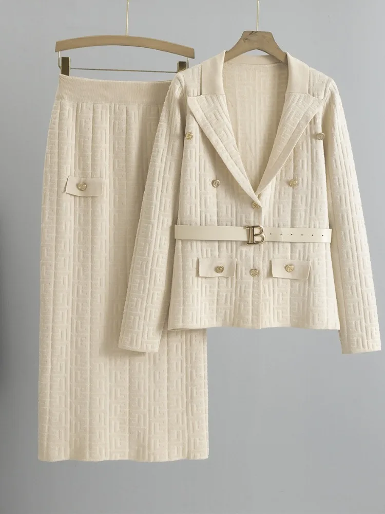 French Commuter Suit Blazer Coat Fashion Sets Women's Spring Autumn High Quality Slimming Knitted Hip Skirt 2-Piece Set Women 1
