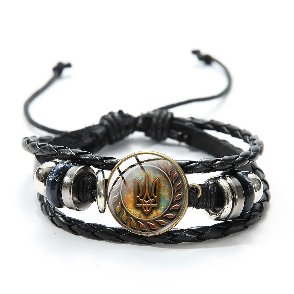 Ukrainian Flag Glass Pendant Bracelet Blue Yellow Trident Graphic Vintage Handmade Beaded Woven Leather Bracelet Bracelet Jewelry