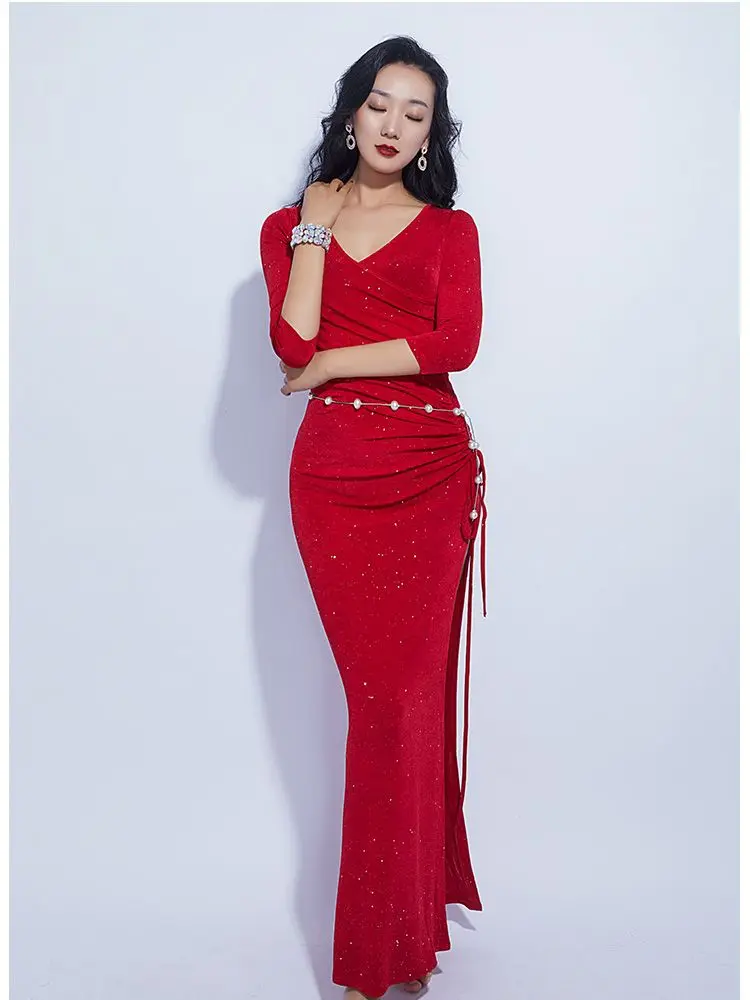 

Women 2022 Summer Belly Dance Costume Mid-sleeved Slim Dress Long Slit Skirt Adult Female Elegant Performance Dance Wear E22176