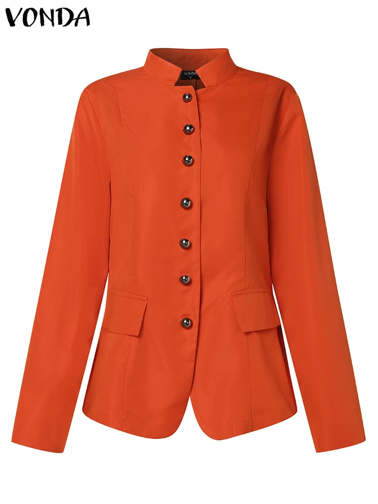 Casual Solid Color Coats 2023 VONDA Women Autumn Long Sleeve Blazer Fashion O-Neck Outwears Winter Office Elegant Suits Baggy