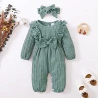 New Long Sleeve Rompers Baby Girls Spring & Autumn Jumpsuit Newborn Clothes Solid Ruffled Clothing with Headband Baby Clothing 4