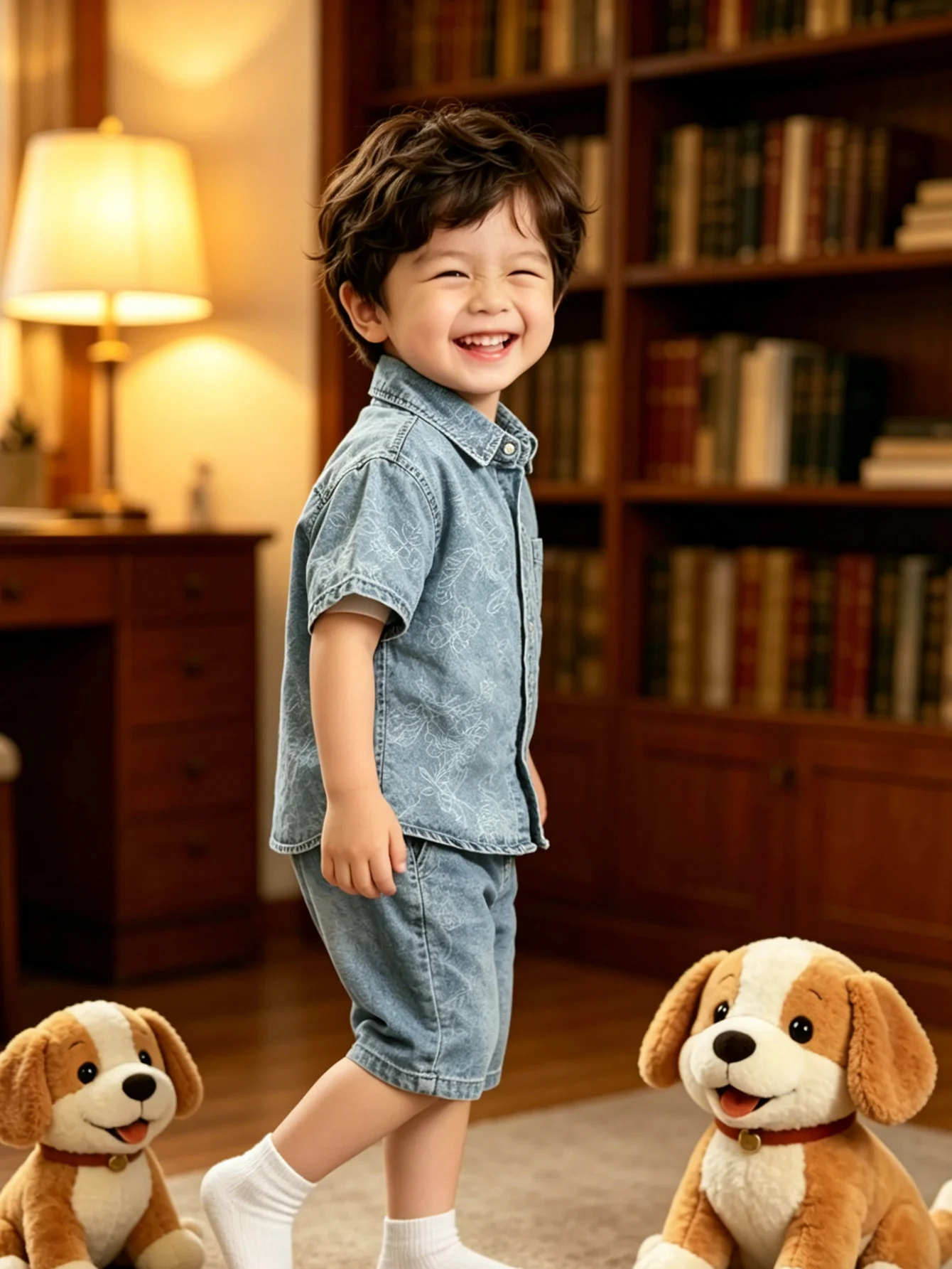 Toddler Boy Denim Co-ord Set, Floral Embossed Short Sleeve Shirt & Matching Shorts, Light Wash Summer Casual Wear For Kids 2