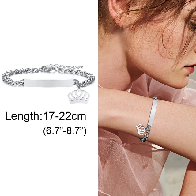 Custom Personalized Name Baby ID Bracelet, Stainless Steel Curb Chain Link Crown Bracelet Newborn Gilrs Boy Gifts Not Allergic BR-1005S-17 silver