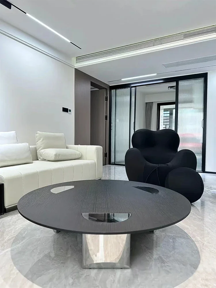 Minimalist Solid Wood Round Coffee Table Modern Simple Living Room Home Design Suspended Stainless Steel Small Apartment
