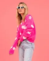 Women's Hot Pink Oversized Knit Sweater Heart Pattern Crew Neck Long Sleeve Casual Pullover Fuzzy Heart Pattern Sweater - Image 4