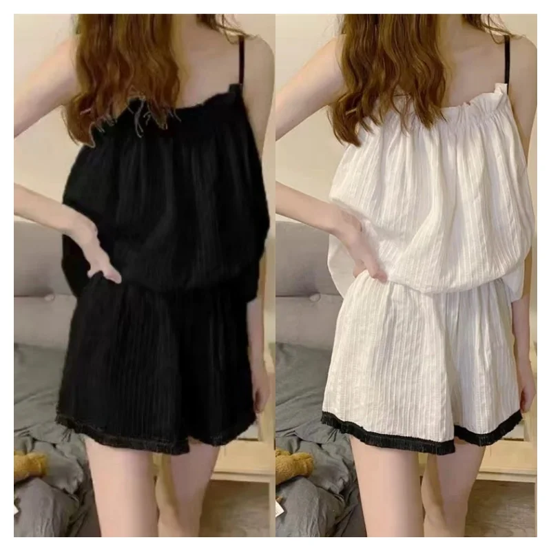 Thin women's pajamas in two pieces with straps, soft cotton loungewear, simple loose outdoor girls' set, summer clothing.