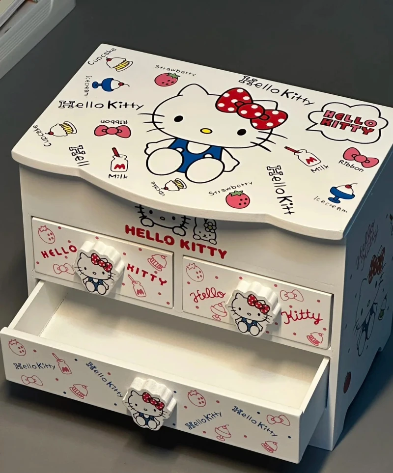 Sanrio-女の子のための化粧鏡付きの木製収納ボックス,ハロー