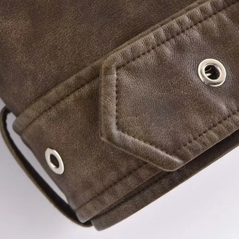 Women's PU Leather Jacket, Vintage Turn Down Collar, Zipper Short Outwear, Female Fashion, Casual Washed Coat, Autumn, New, 2024