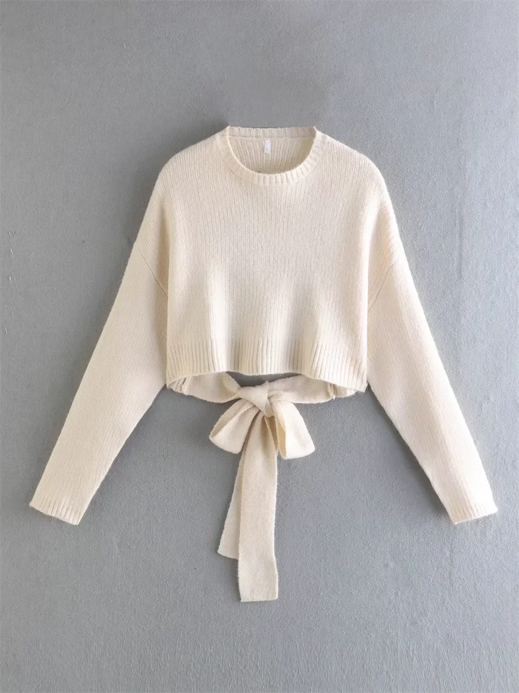 

BBWM Vintage Backless Knitted Women Sweaters Short Lace Up Pullovers 2022 New Fashion Female Long Sleeves Sweater Casual Chic