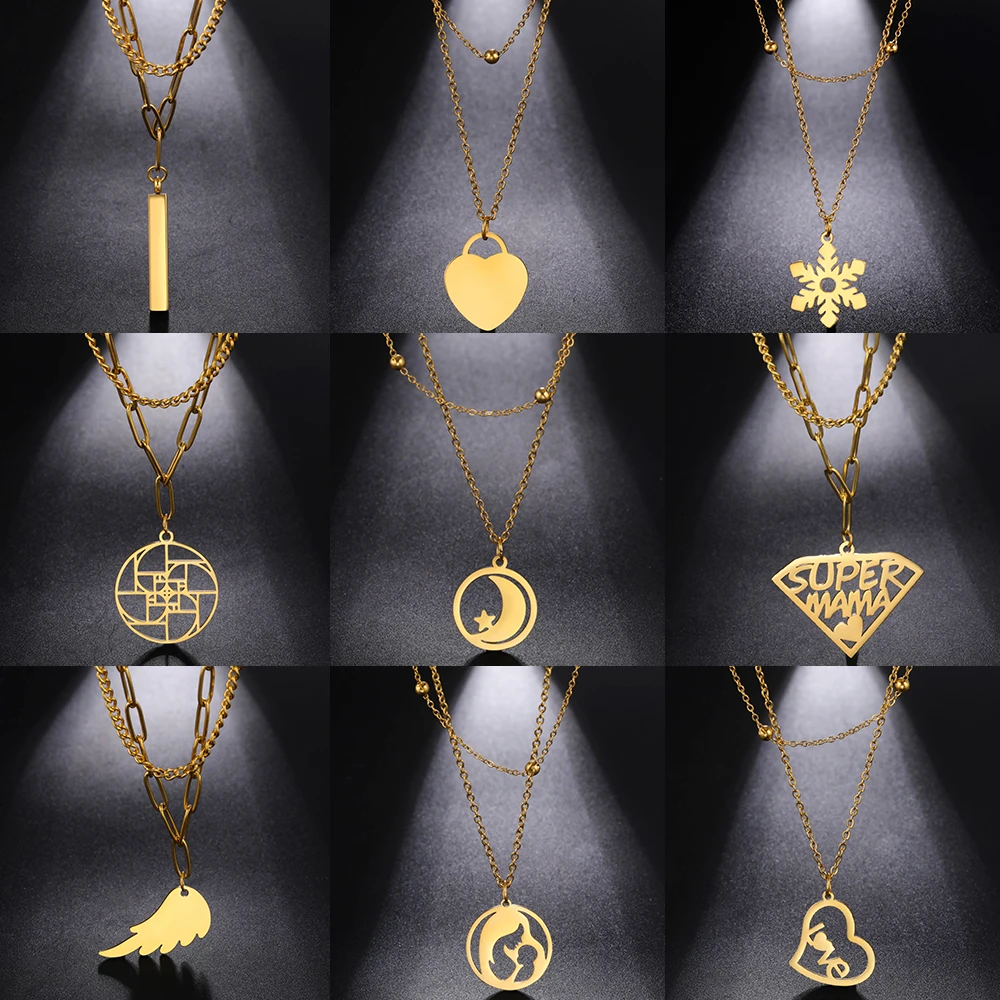 Teamer collares de moda 2022 mujer collar de acero de doble capa para mujer, Gargantilla, joyería en cuello, colgante, venta al por mayor, 2022 collar acero inoxidable mujer collares para