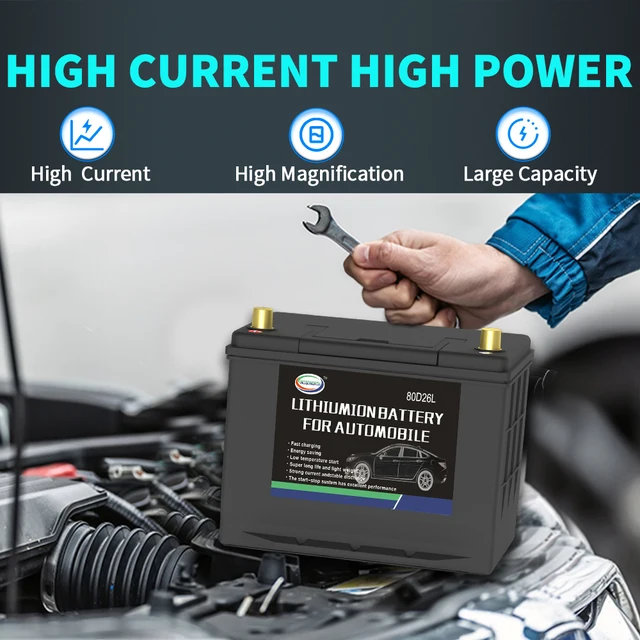 リチウム電池80d26l/r,12V, 80Ah,1300cca,充電式,ポータブル,車両 