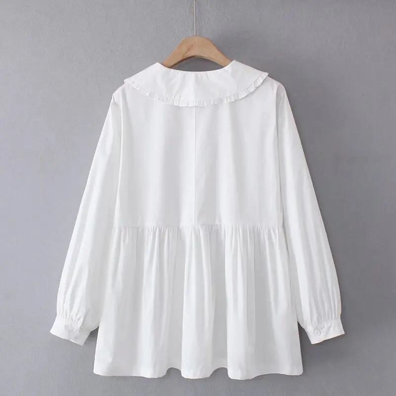 Plus Size Women's Blouses Autumn New Style Peter Pan Collar Long Sleeved Shirt Casual Cotton Imitation Lyocell Tops 6114