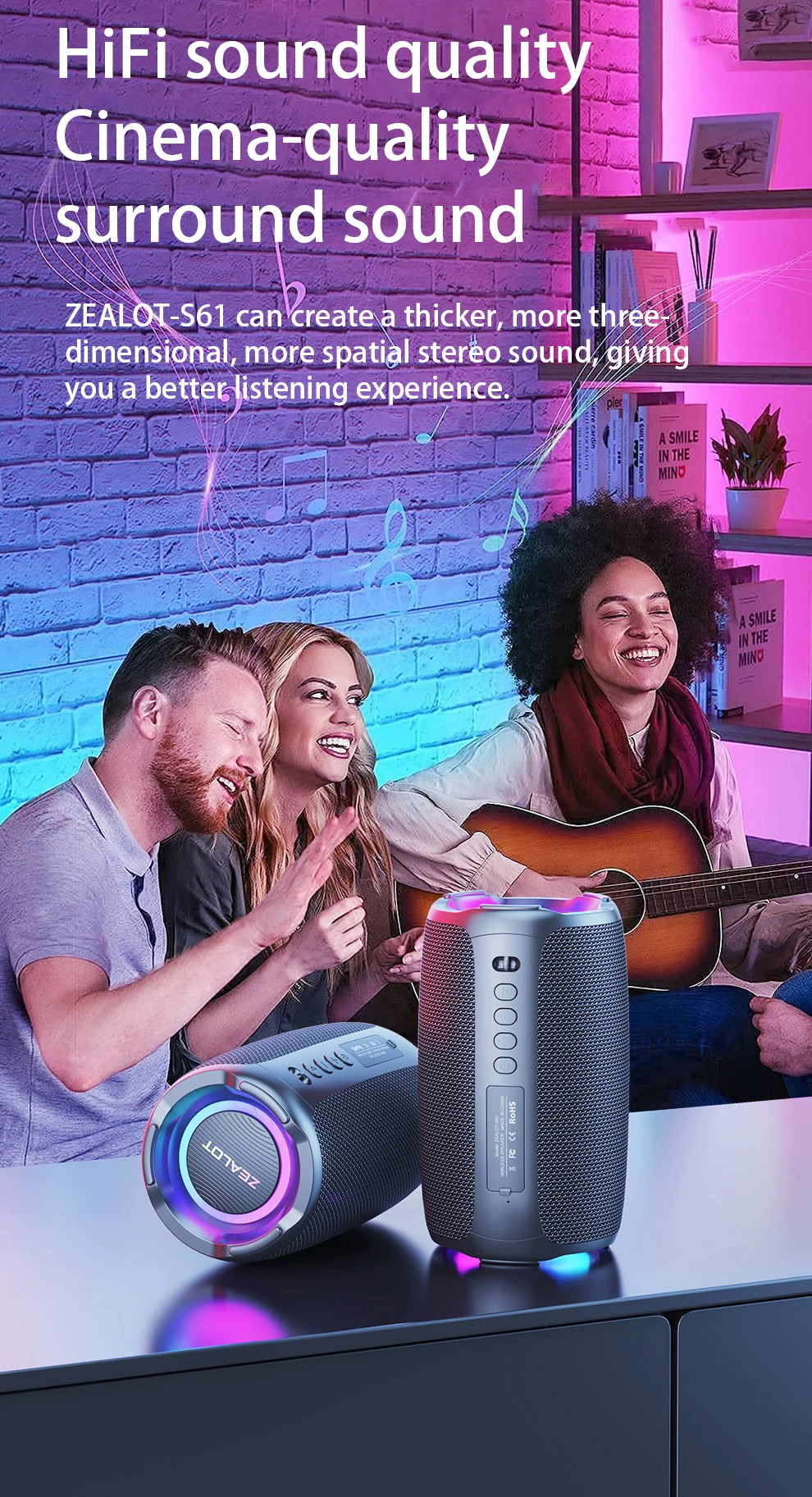 ZEALOT S61 20 W kabellose Lautsprecher, tragbarer Subwoofer-Lautsprecher für den Außenbereich, 3000-mAh-Akku, EQ-Modus, Dual-Pairing. – Detail 9