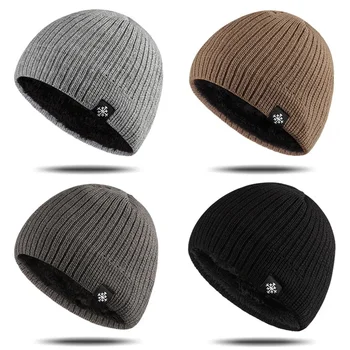 Knitted Plus Fleece Hat Men Beanie Solid Color Skullies