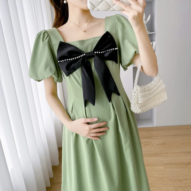 

Plus Size Maternity Summer Dress with Large Bowknot Puff Sleeve Square Collar Green Pregnant Women's Dress Princess Party Dress