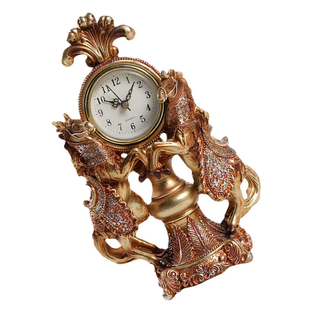1pc Vintage Dual Horse Clock Adornment European Style Clock Desktop Clock Decoration Home Clock Ornament 