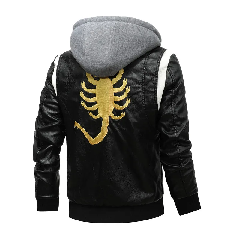 

2023 New Spring Leather Men's Jacket Removable Hoodied Scorpion Embroidery Motorcycle Jacket Men Slim Fit Leather Mens Jackets