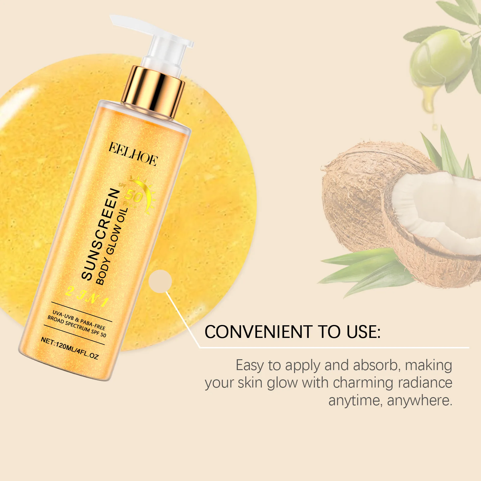 EELHOE 2 In1 Sunscreen Spf 50 Body Oil for Glowing Skin Protection Prevent Uvb Oil Control High Gloss Golden Body Shimmer
