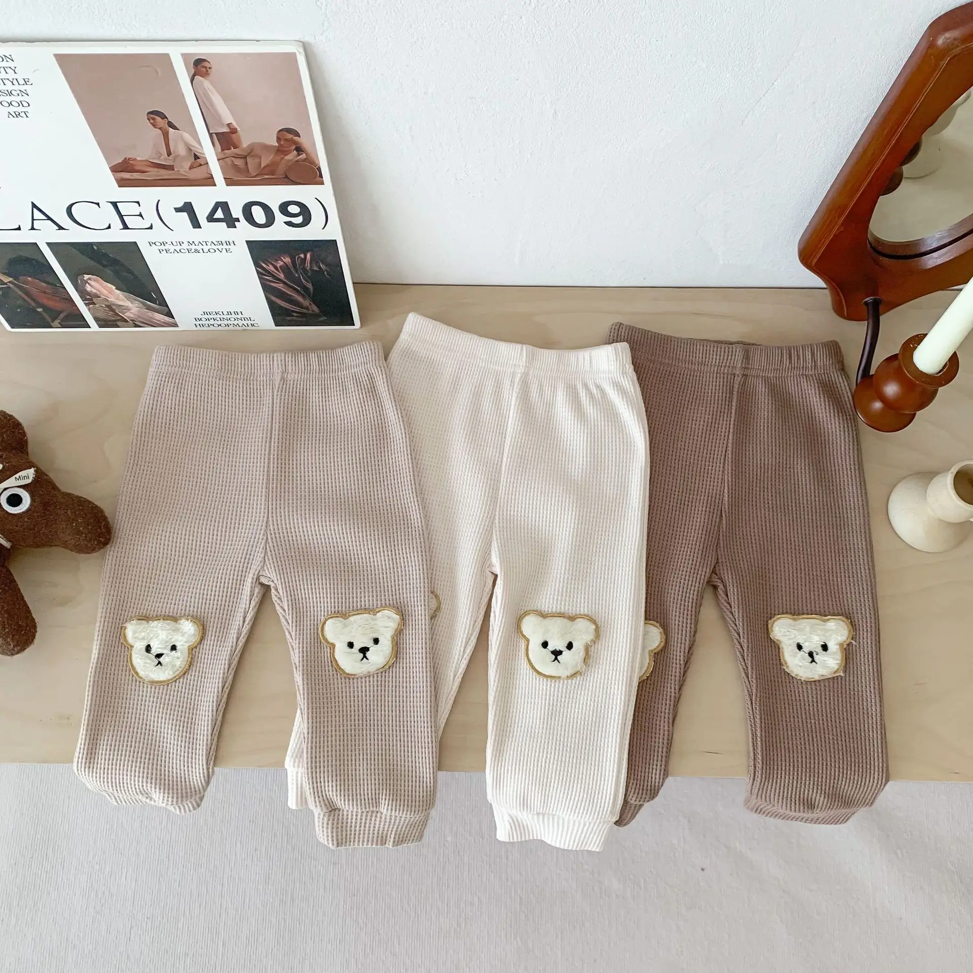 0 to 2 Years Newborn Waffle Baby Boys Girls Bear Pants Cotton Soft Elastic Spring Autumn Kids Harem Pant Trousers 2