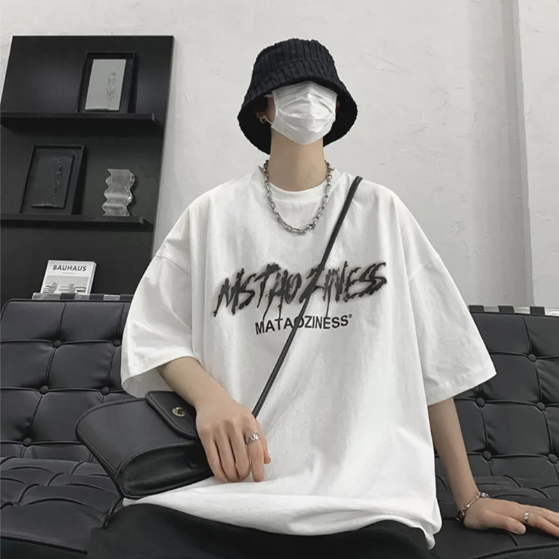 

Oversize alphabet print t-shirt men's summer chic heavy weight thin short sleeve fashion ins hip hop fried Street 5-point sleeve