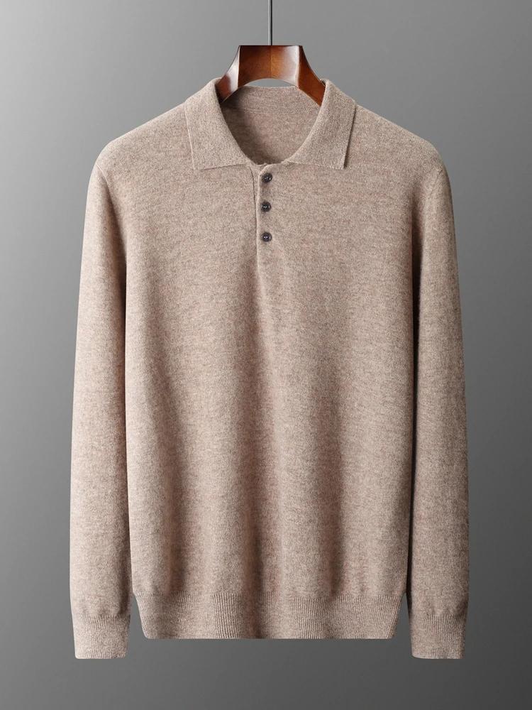 Luxury Men Cashmere Sweater 100% Merino Wool Buttoned Pullover Autumn Winter Polo Collar Knitwear Male Casual Warm Jumper Tops 4