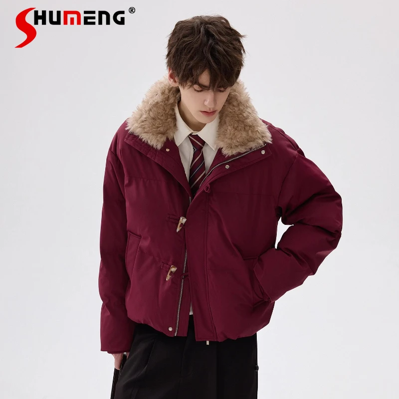 2025 Autumn New Men's High-End Parkas Horn Button Faux Fur Collar Thickened Parkas Warm Men's Long Sleeve Lapel Handsome Coats