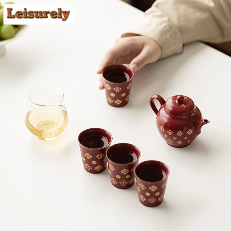 Lambent Red Treasure Flower Tea Set Complete Set Handmade Tea Ceremony Set Teapot And Tea Cup Set Cha Equipment Collection Craft