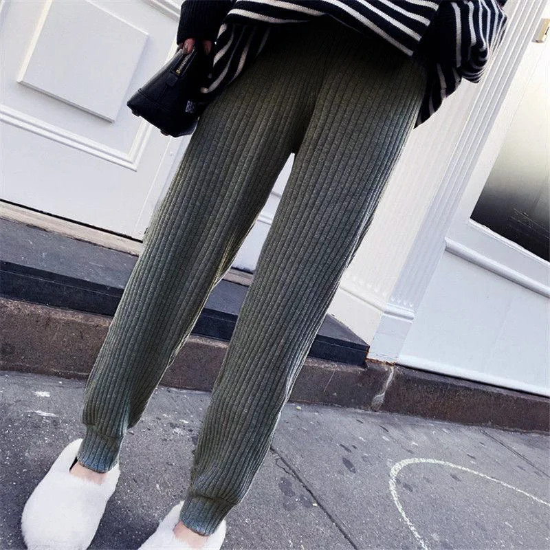 Fall Winter Sweater Harem Pant Women Solid Colors High Waist Casual Ankle-Length Pants Korean Fashion Elastic Knitted Sweatpant