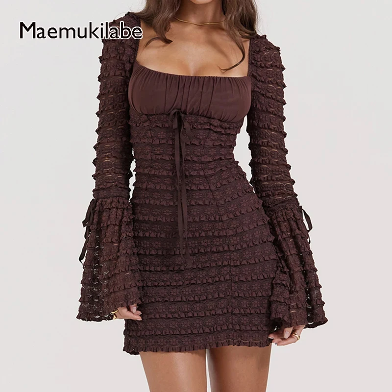 

Maemukilabe Vintage Flare Sleeve A-Line Dresses Women Floral Lace Ruffles Multi-layers Mini Dress Elegant Cocktail Streetwear
