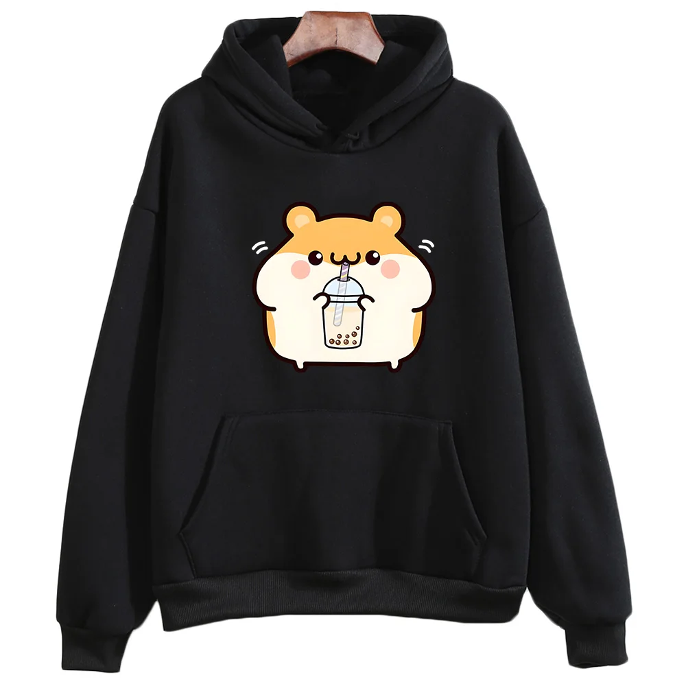 Cute Boba Tea Hamster Graphic Fleece Hoodie – Unisex Casual Winter Sweatshirt