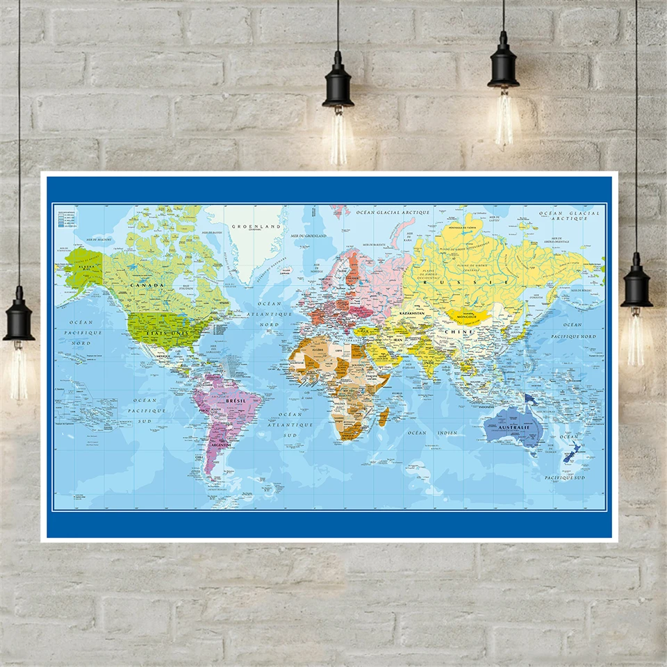 

120*80cm Political Map of The World In French Language Wall Poster Non-woven Vinyl Painting School Supplies Home Decoration