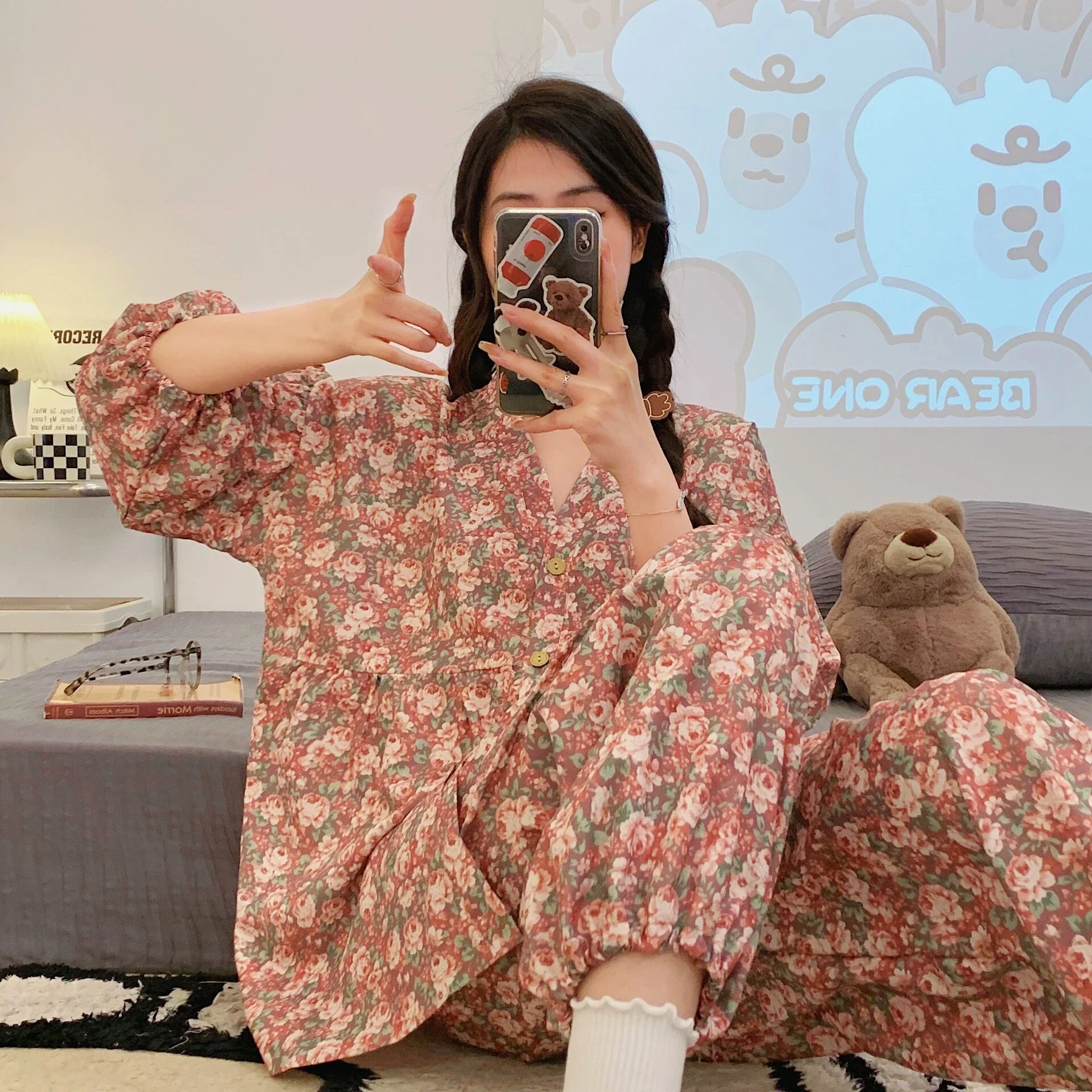 

Japanese Style Cotton Silk Floral Grid Printed Pajamas Set Sleepwear for Women 2 Pieces Long Sleeve Loose Luxury Nightwear