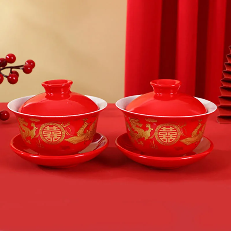 Chinese Porcelain Tableware for Adults, Gaiwan Bowl, Dragon and Phoenix, Tea Spoon, Wedding Party, Men and Women, Couple