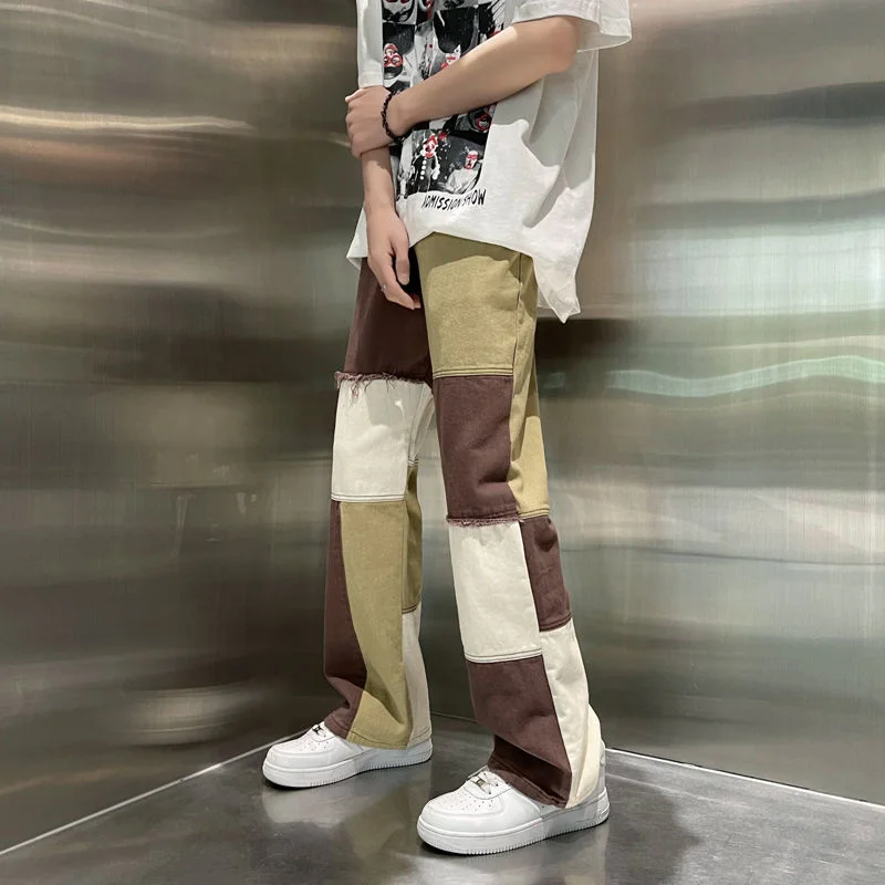 

2022 Men's Stitching Color Baggy Homme Casual Pants Cargo Pocket Washed Jeans Biker Denim Streetwear Trousers Plus Size S-3XL
