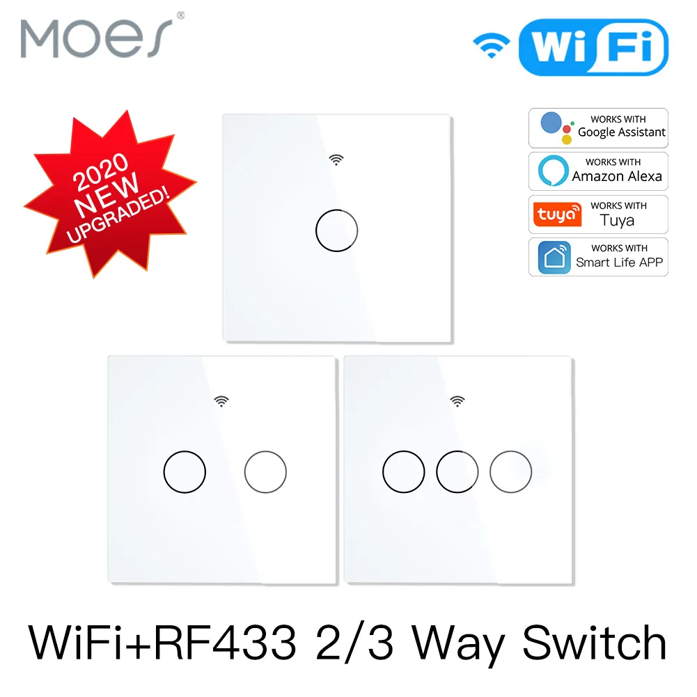 WiFi RF433 Smart Touch Switch 2/3-Wege Smart Life Tuya App Control für Alexa 