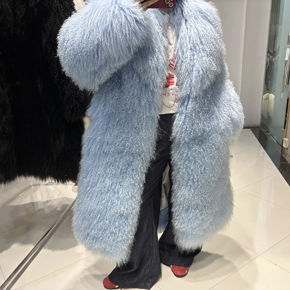 YOLOAgain 2025 Winter Warm Turn-Down Collar Real Mongolia Sheep Fur Jacket Long Women Plus Size 6XL Outerwear