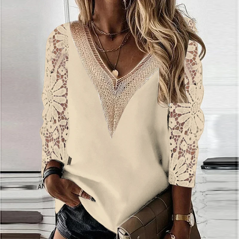 Elegant Velvet T-shirt Lace Stitching Smocking Loose Long Sleeve Top